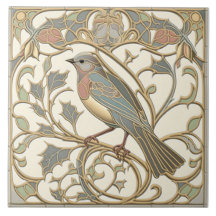 Azulejo Art Nouveau com Desenho de Ave em Mosaico