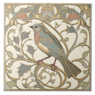 Cerâmica Azulejo Art Nouveau com Desenho de Ave em Mosaico