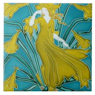 Cerâmica Azulejo Art Nouveau Narciso Amarelo de Walter Cran