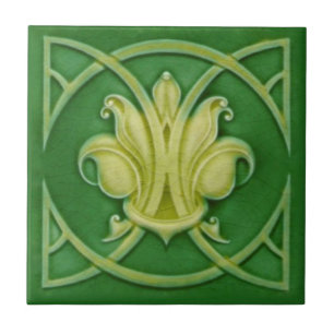 Cerâmica Azulejo Art Nouveau Verde Gótico Fleur de Lis Rep