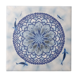 Cerâmica Azulejo azul da mandala de Koi Lotus