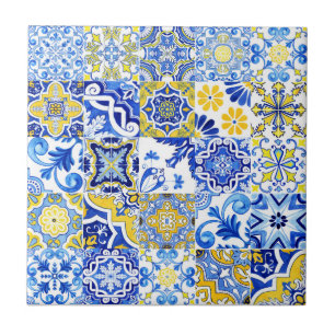 Cerâmica Azulejo Azul e Amarelo Mosaico Português de Maioli