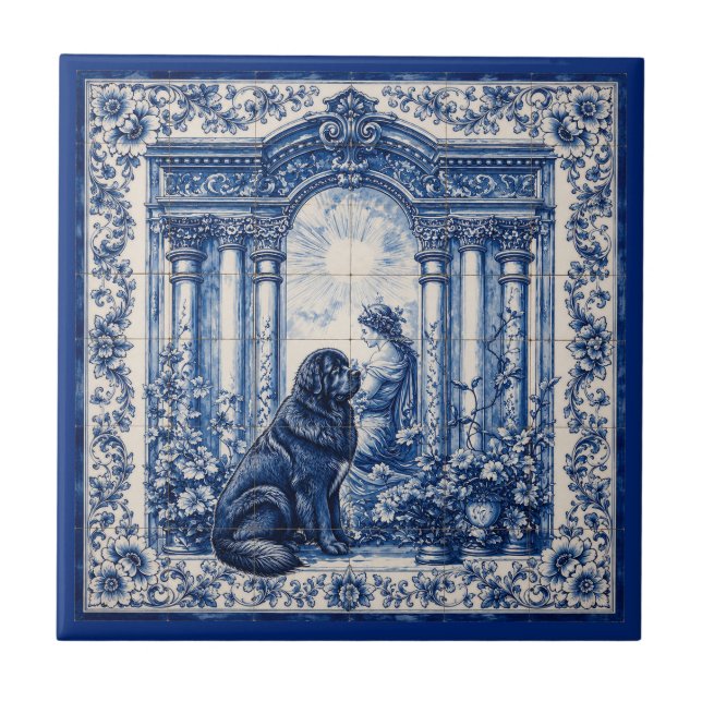 Cerâmica Azulejo Azul e Branco de Jardim com Mural de Newfo (Frente)