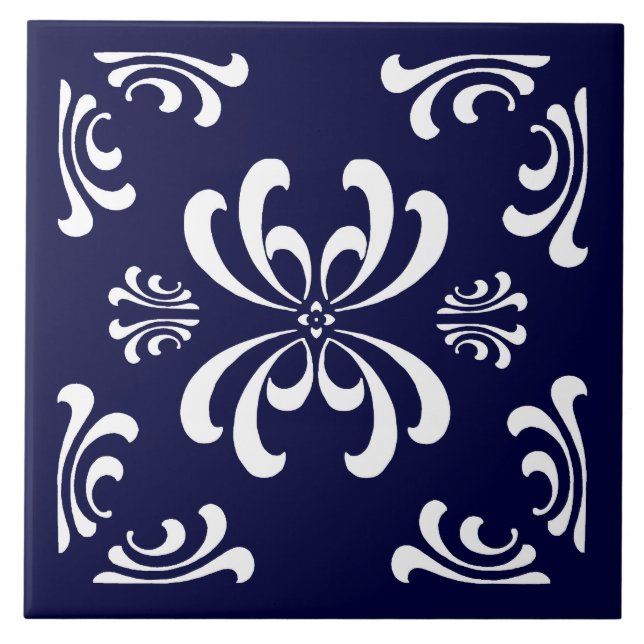 Cerâmica Azulejo azul escuro e branco do Flourish de (Frente)