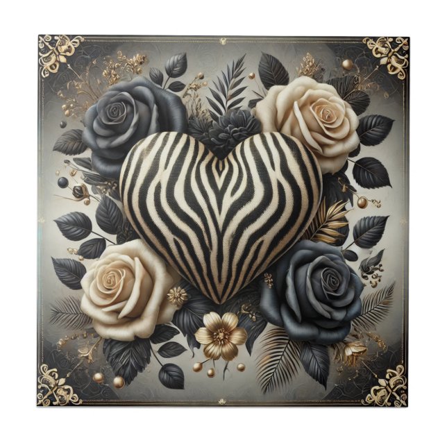 Cerâmica Azulejo Cerâmico Coração de Zebra e Rosa Glam (Frente)