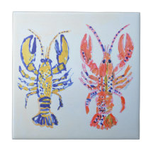 Azulejo Cerâmico de Arte de Lagosta em Aquarela Co