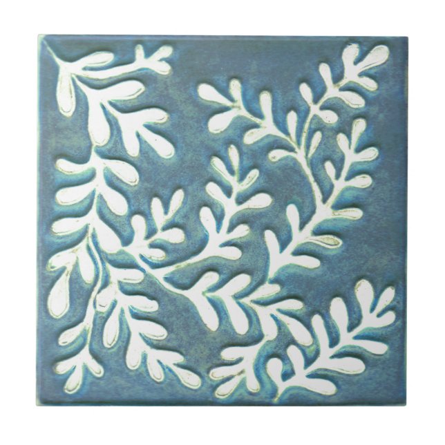 Cerâmica Azulejo cerâmico de artesão, folhas azuis e branca (Frente)