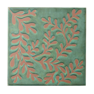 Cerâmica Azulejo cerâmico de artesão, folhas verdes e esbra