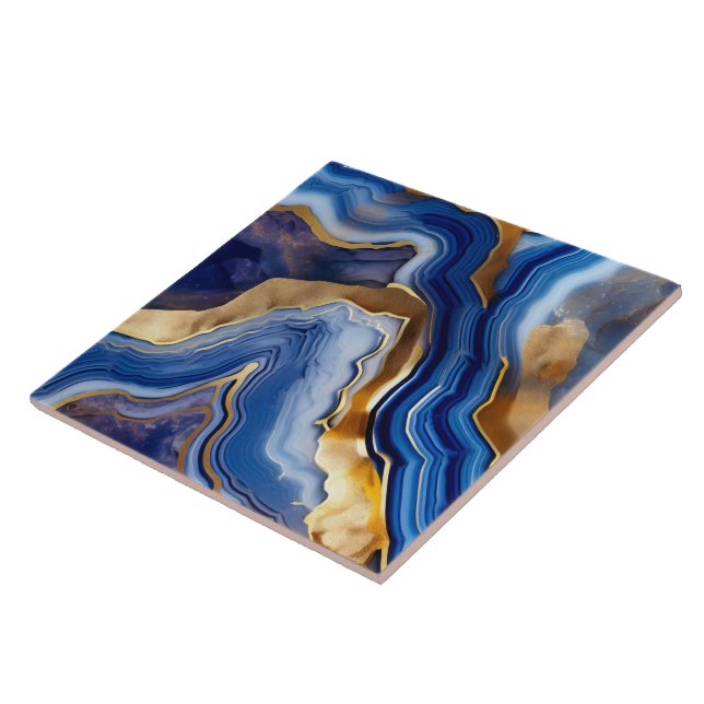 Cerâmica Azulejo cerâmico de estilo geode azul e Dourado. (Lateral)