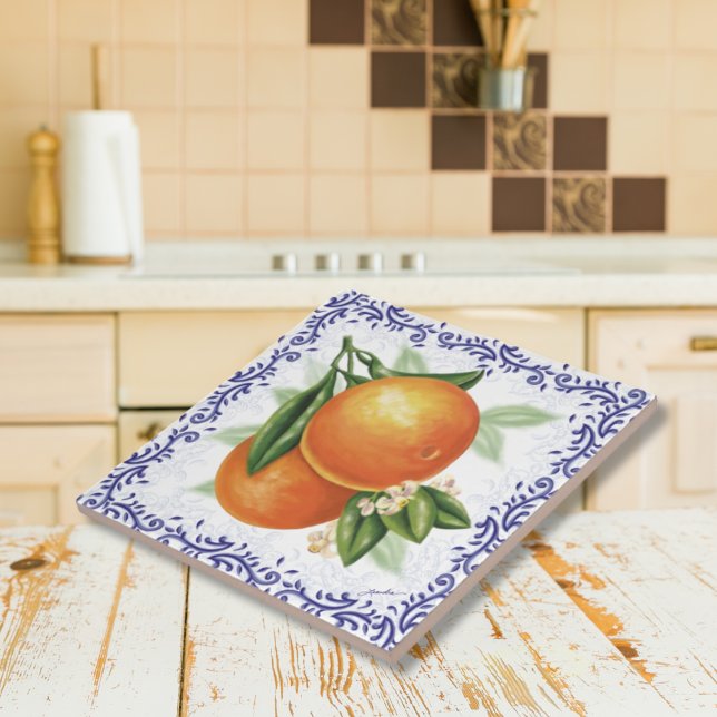 Cerâmica Azulejo cerâmico de Laranjas de Toile (Shower Favor - French Country Oranges with Blue Toile Ceramic Artisan Tile)