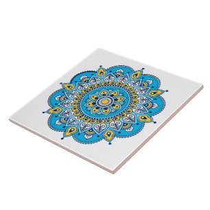Cerâmica Azulejo cerâmico de Mandala azul e amarelo
