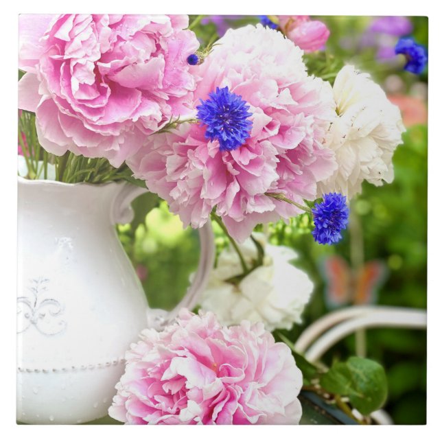 Cerâmica Azulejo cerâmico de peônias rosa (Frente)