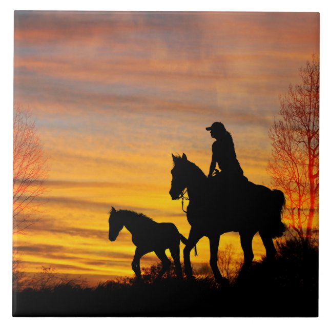 Cerâmica Azulejo cerâmico de Sunset Horseback (Frente)