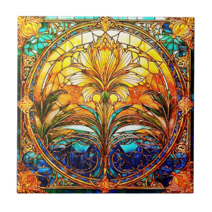 Cerâmica Azulejo cerâmico Deco Nouveau de Arte Dourada e Az