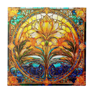 Cerâmica Azulejo cerâmico Deco Nouveau de Arte Dourada e Az