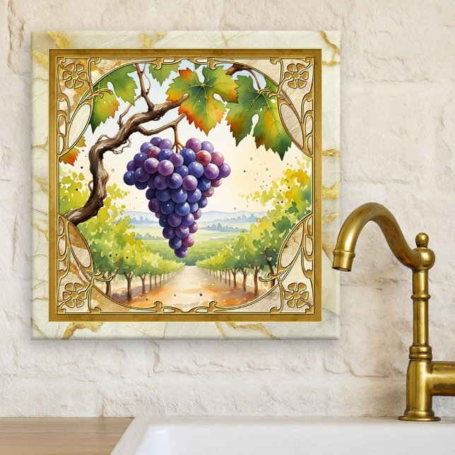 Cerâmica Azulejo Cerâmico Dourado de Videira de Uvas (Tile featuring a watercolor painting of grapes in a vineyard framed by classic gold and marble)