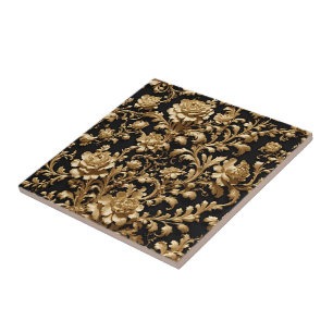 Cerâmica Azulejo Cerâmico Floral Barroco Preto e Dourado de