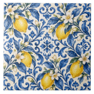 Cerâmica Azulejo Cerâmico Floral de Limão Mediterrâneo e Az