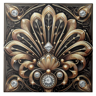 Cerâmica Azulejo Cerâmico Preto e Dourado de Luxo Art Déco