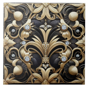 Cerâmica Azulejo Cerâmico Preto e Dourado de Luxo Art Déco