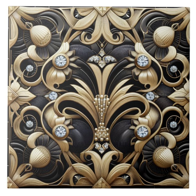 Cerâmica Azulejo Cerâmico Preto e Dourado de Luxo Art Déco (Frente)