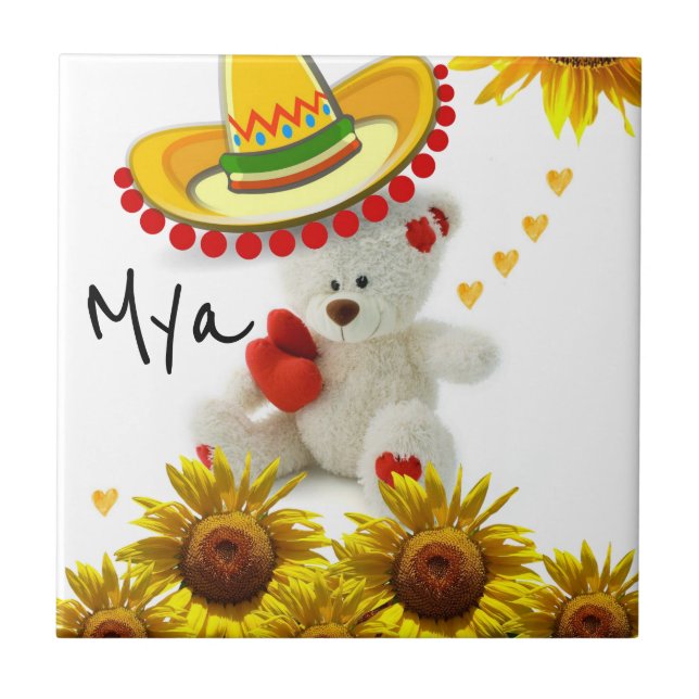 Cerâmica Azulejo Cerâmico Urso de Pelúcia Girassol Branco (Frente)