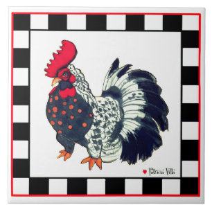 Cerâmica Azulejo com arte de galo em xadrez preto e branco