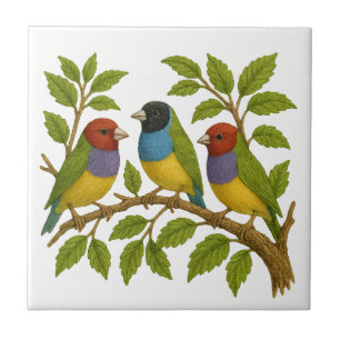Cerâmica Azulejo com bordado de aves tropicais