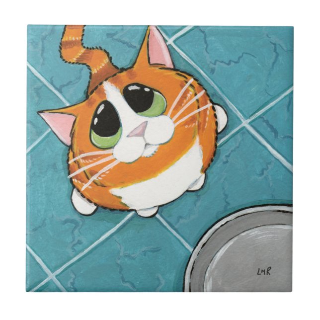 Cerâmica Azulejo com fome da arte do gato de gato malhado (Frente)