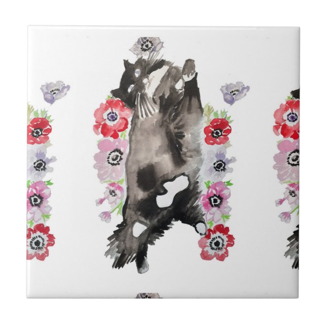 Cerâmica Azulejo cor-de-rosa floral de Gato Negro e Branco (Frente)