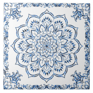 Cerâmica Azulejo de acento de flor azul marroquino Mandala
