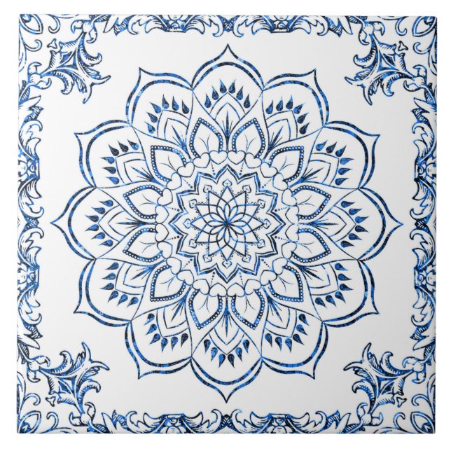 Cerâmica Azulejo de acento de flor azul marroquino Mandala (Frente)
