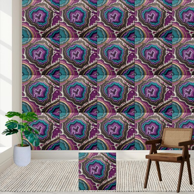 Cerâmica Azulejo de Arte de Estilos Teais e Roxos (Teal and Purple Geode Resin Art Tile)
