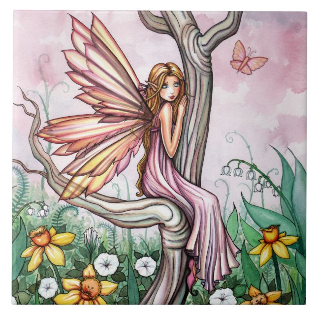 Cerâmica Azulejo de Arte de Fada com Narciso Fofo de Primav (Frente)