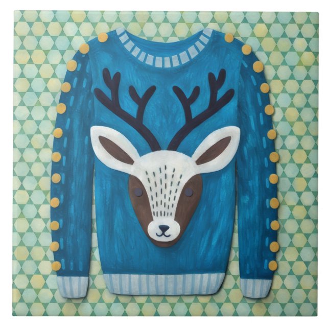 Cerâmica Azulejo de Arte de Natal com Suéter Feio de Rena F (Frente)