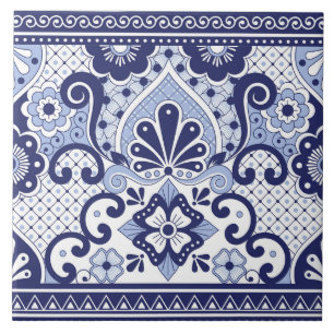 Cerâmica Azulejo de Arte Folclórica Mexicana Azul e Branco