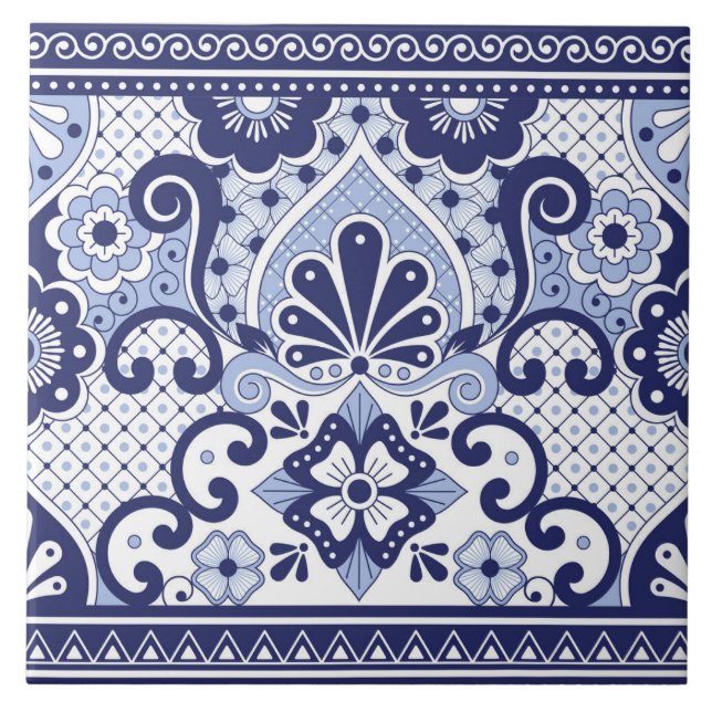 Cerâmica Azulejo de Arte Folclórica Mexicana Azul e Branco (Frente)