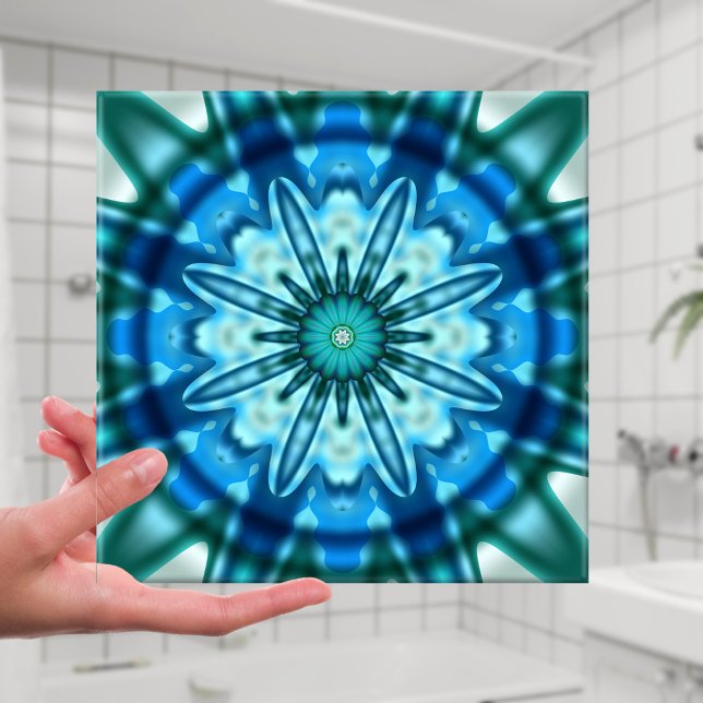 Cerâmica Azulejo de Arte Fractal do Oceano Magnético (Bathroom tile with a beautiful blue and teal geometrical abstract fractal design)