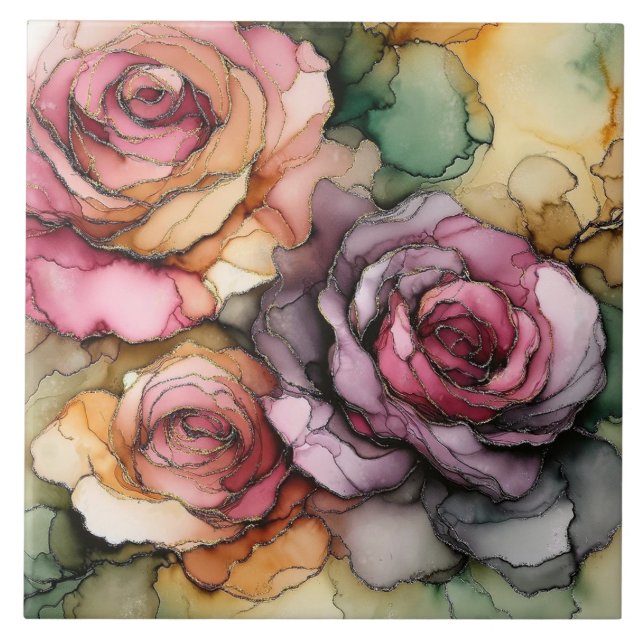 Cerâmica Azulejo de arte, tinta a álcool, rosas, flores mod (Frente)
