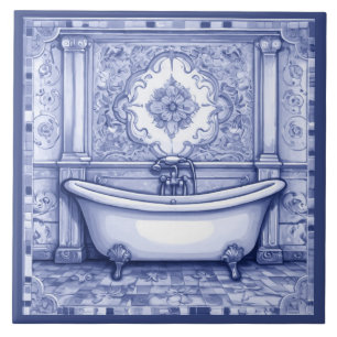 Cerâmica Azulejo de Banheira Azul-Escura e Banheira Branca