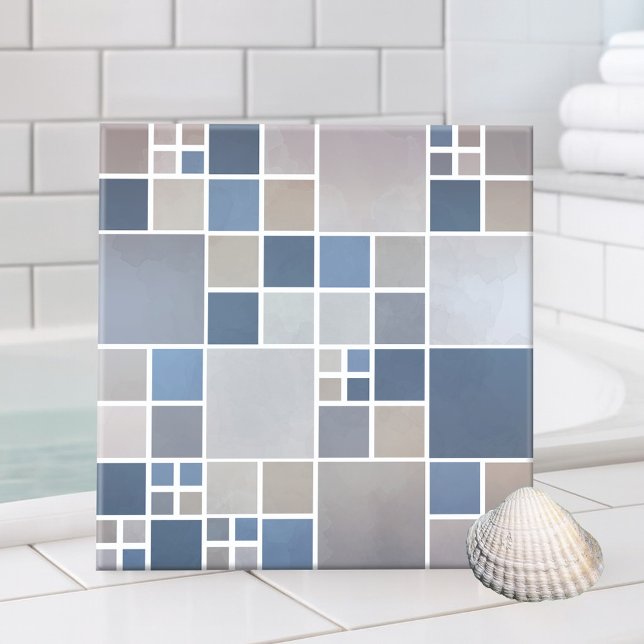Cerâmica Azulejo de Banheira Mosaica Blue Beach (Bathroom tile featuring a geometric mosaic pattern with watercolor effects inspired by the beach)