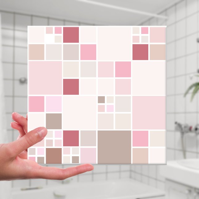 Cerâmica Azulejo de Banheira Rosa-Rosa-Rosa-Cinza-Chic Peac (Modern bathroom tile featuring a checkered pattern in soft pastel peach, pink and sandy brown)