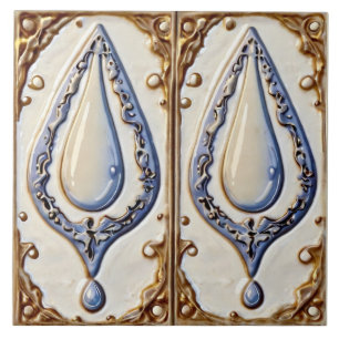 Cerâmica Azulejo de Banheiro Azul Branco e Água Dourada