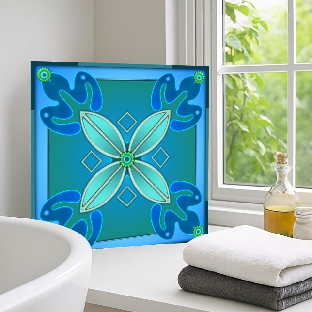 Cerâmica Azulejo de Banheiro Floral de Design Teal Artístic (Modern geometric floral design tile for bathroom or kitchen in teal and blue green)