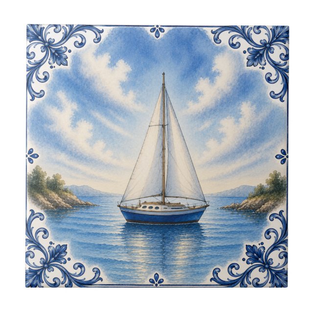 Cerâmica Azulejo de Barco à Vela Náutico (Frente)