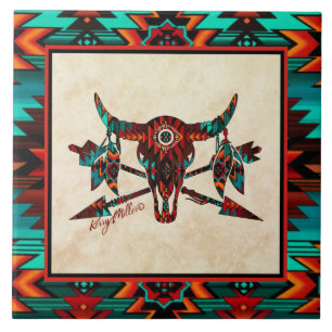 Cerâmica Azulejo De Búfalo - Crânio E Setas