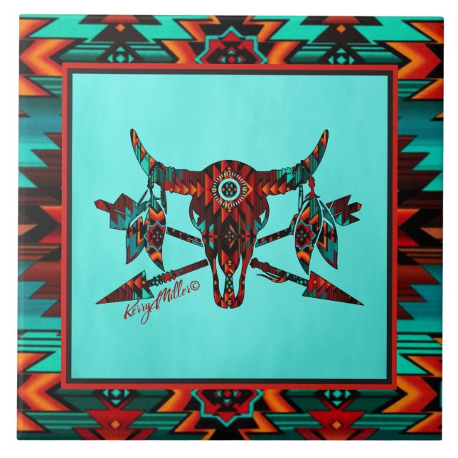 Cerâmica Azulejo De Búfalo - Crânio E Setas (Frente)