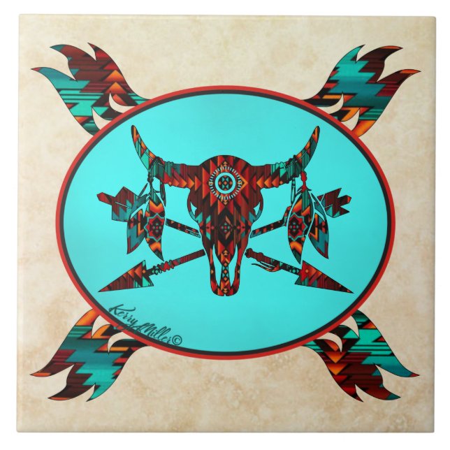 Cerâmica Azulejo De Búfalo - Crânio E Setas (Frente)