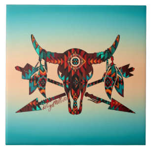 Cerâmica Azulejo De Búfalo - Crânio E Setas