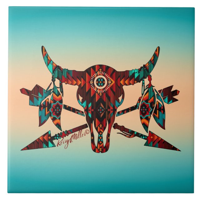Cerâmica Azulejo De Búfalo - Crânio E Setas (Frente)